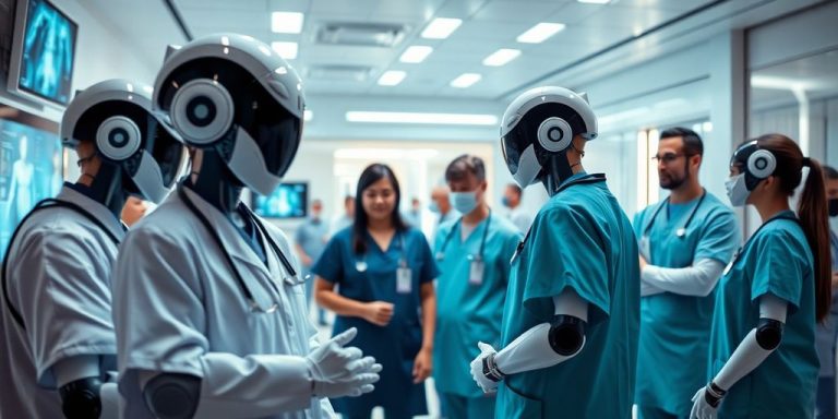 Doctors and robots collaborating in a modern hospital.