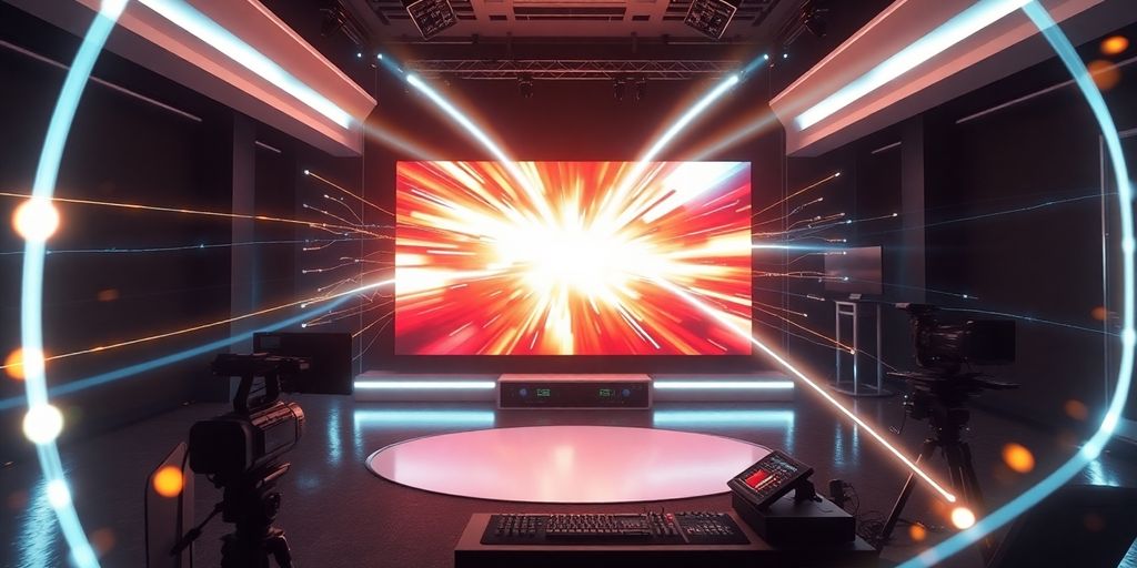 Futuristic video studio with glowing AI elements and digital screens.