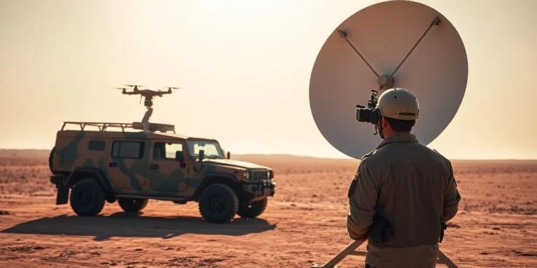 Military personnel, anti-drone equipment, desert terrain.