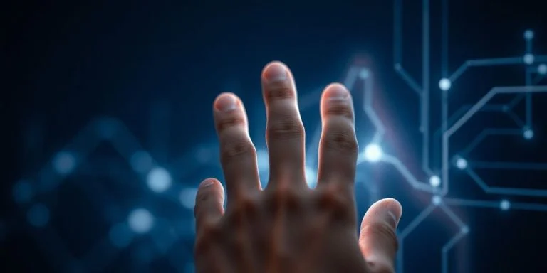 Human hand interacting with glowing AI interface.