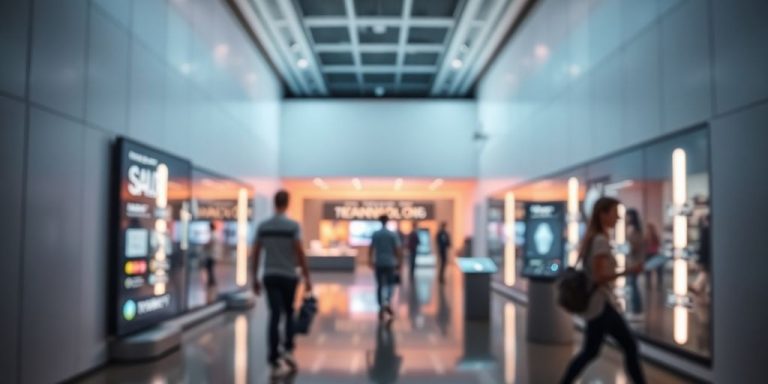 Sleek, glowing futuristic technology museum interior.