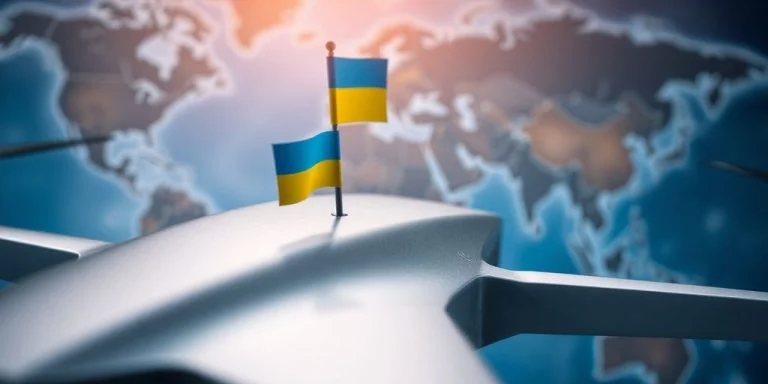 Military equipment, Ukrainian flag, global map