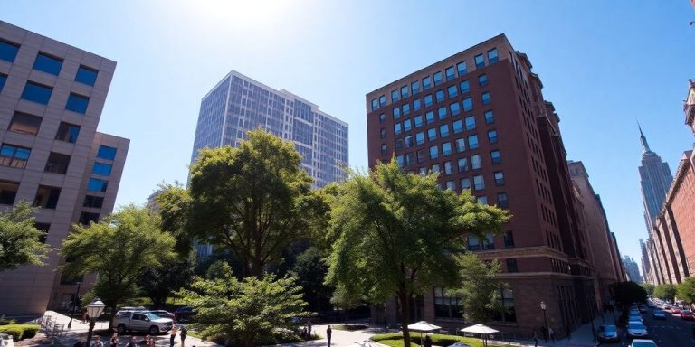 New York Institute of Technology Manhattan campus with modern buildings and students outdoors.