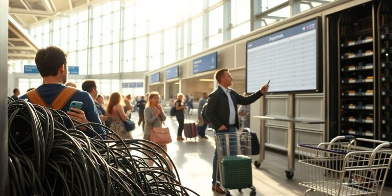 Airport terminal, network cables, frustrated traveler, computers