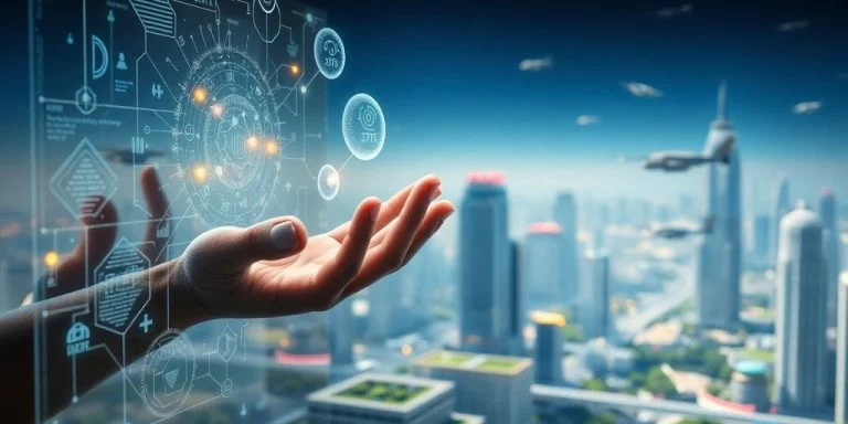 futuristic city, glowing data, human-AI interaction, sleek designs, clean lines