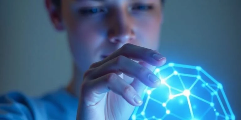 Person interacting with glowing AI interface.