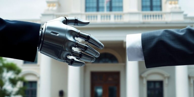 Robot shaking hands with a politician.