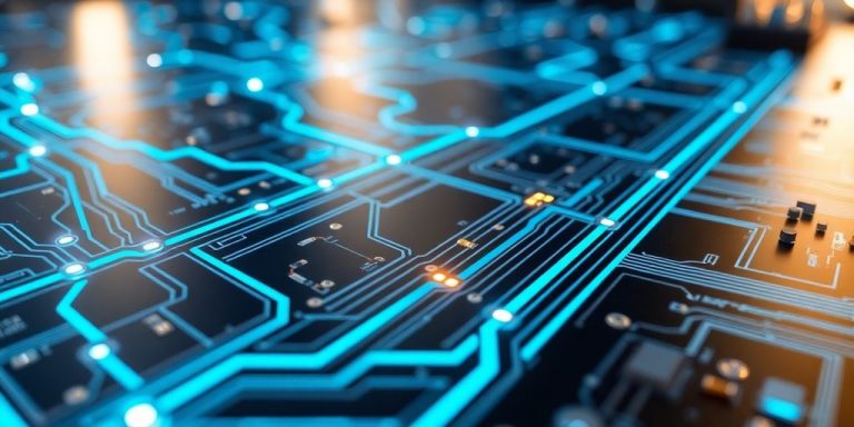 Circuit board with glowing blue lines, data flowing.