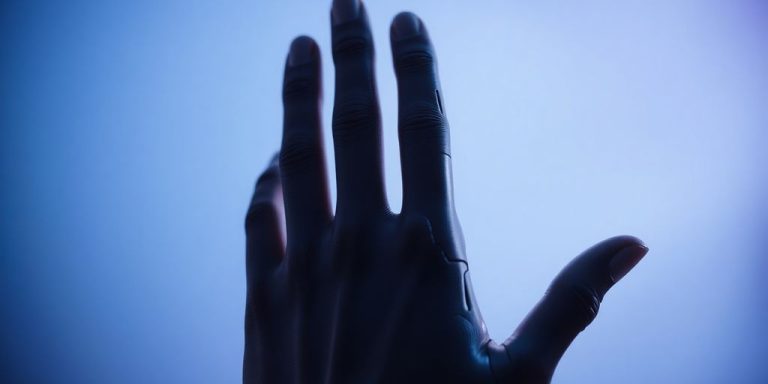 Human hand holding AI robot hand