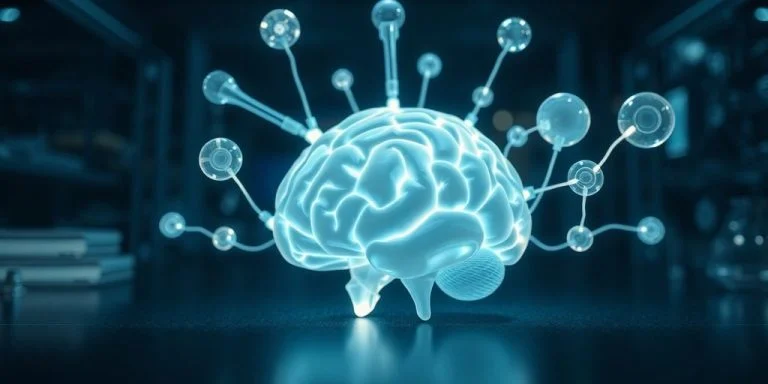 Glowing AI brain with interconnected tools.
