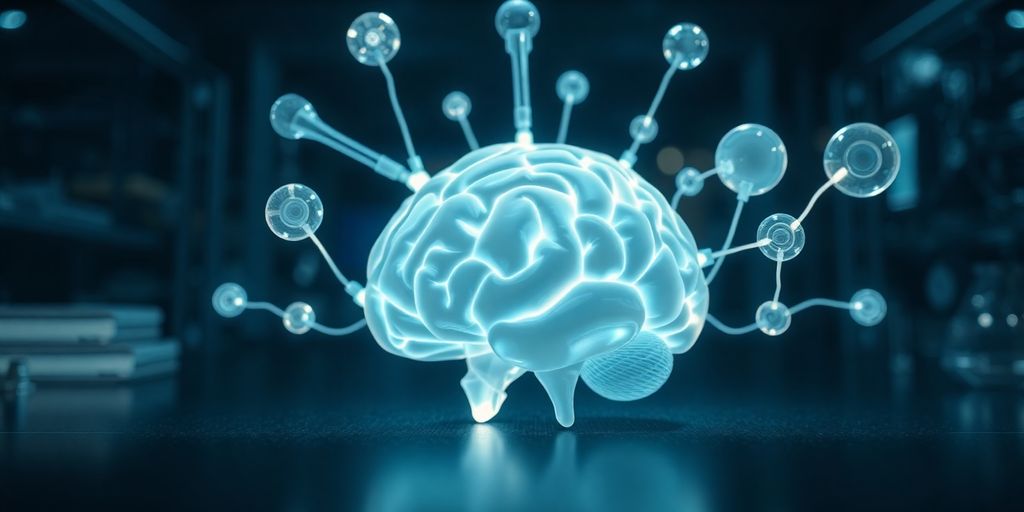 Glowing AI brain with interconnected tools.