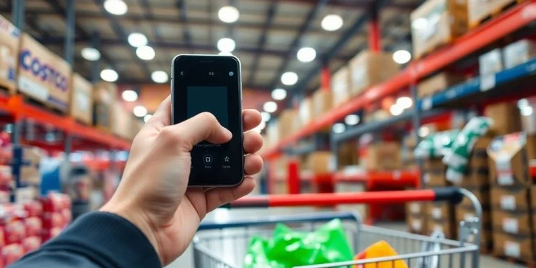 Costco shopper scanning items with mobile device.
