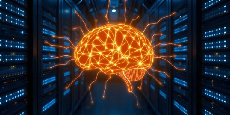 Glowing brain in server room, digital connections.