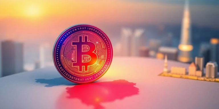 Vietnamese flag, digital coins, thriving tech.