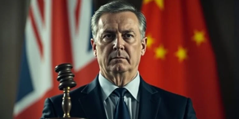 Man, Gavel, Chinese flag, US flag