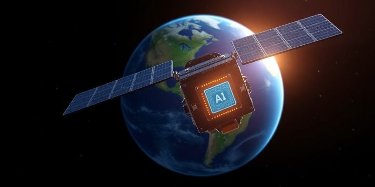 Satellite orbiting Earth, glowing AI chip.