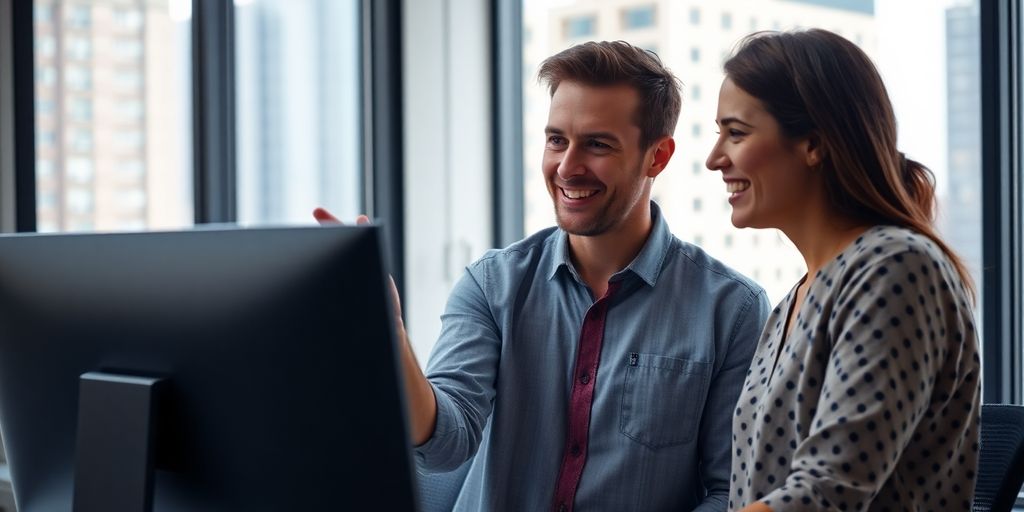 Two people smiling, discussing, in a modern office.