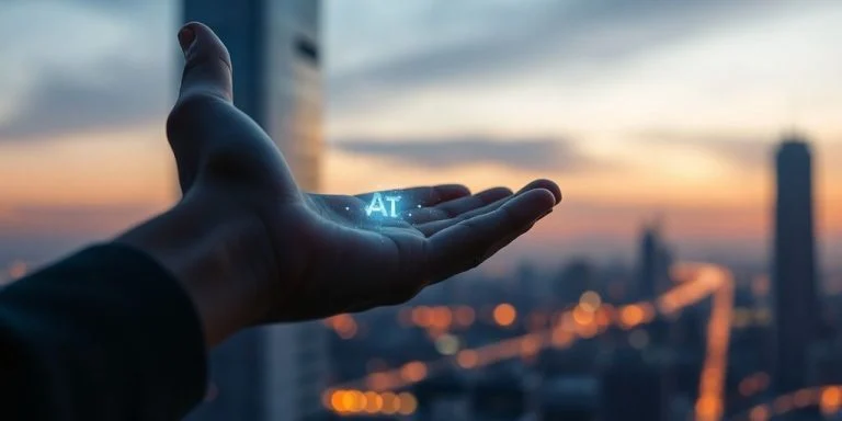 Human and AI hands touching, futuristic glow.