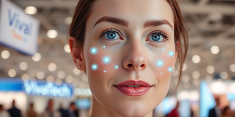 Woman's face with glowing lines, VivaTech background.