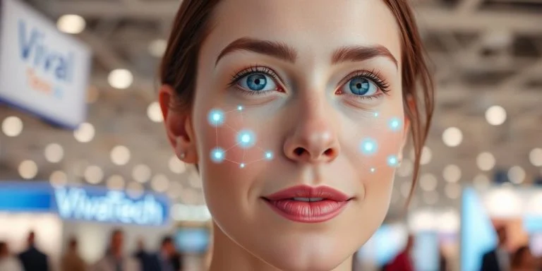 Woman's face with glowing lines, VivaTech background.