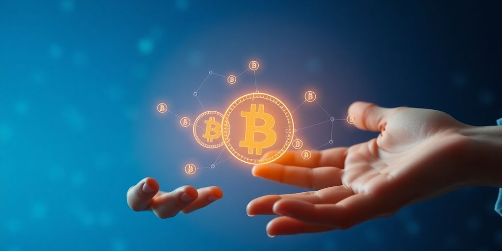 Digital hands exchanging glowing blockchain coins.