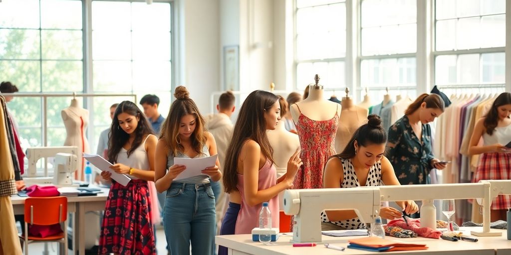 Fashion design students creating garments in a studio.