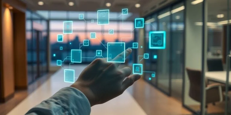 Futuristic city with digital blockchain connections.