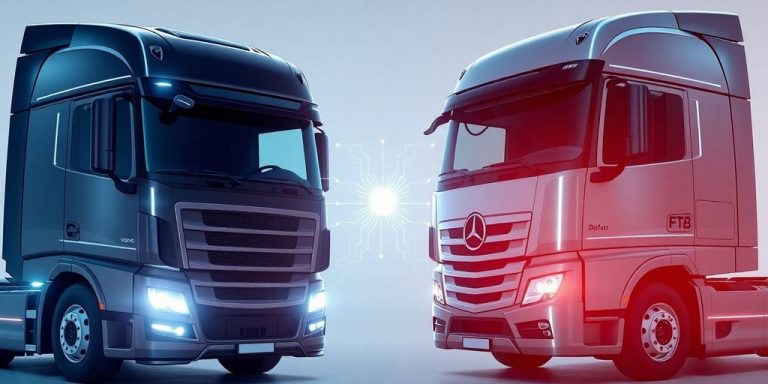 Volvo and Daimler semi-trucks connected by glowing digital lines.