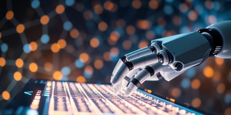 Robot hands coding on a glowing holographic interface.