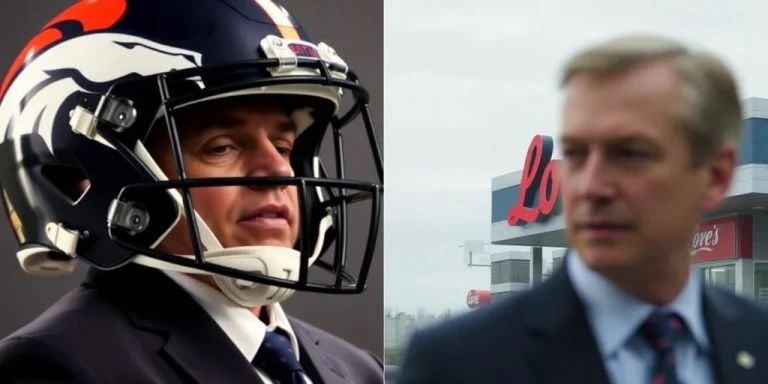 Two executives, one football, one travel stop sign.