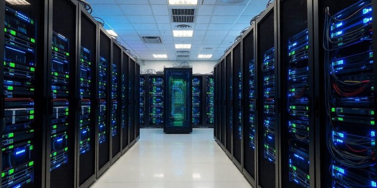 Glowing circuits illuminate a server rack, data streams flow.