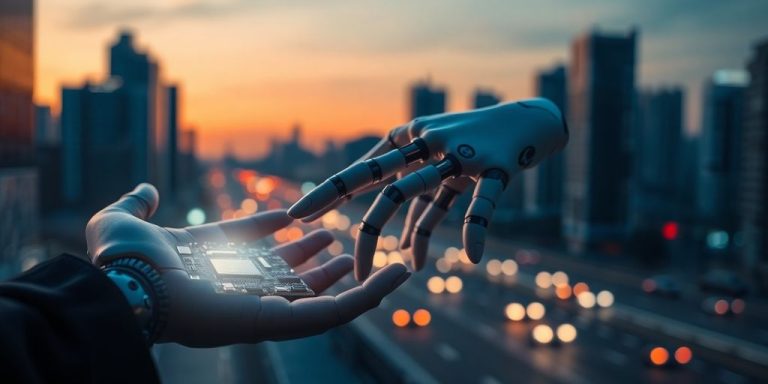 Robotic hand holding glowing circuit board.