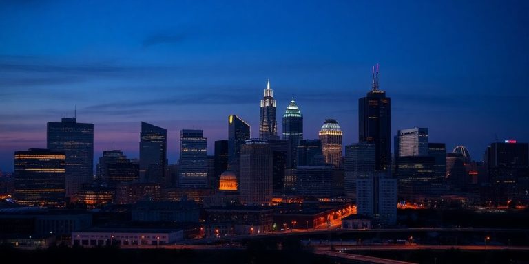Milwaukee skyline with subtle facial recognition overlay.
