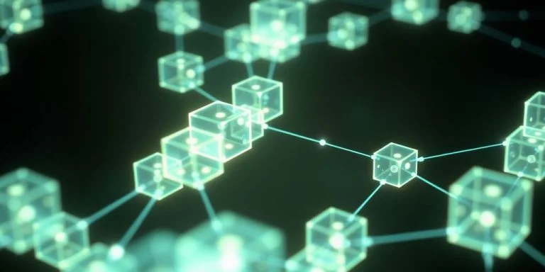Interconnected glowing blocks in digital space.