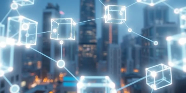 Interconnected glowing blocks, futuristic cityscape