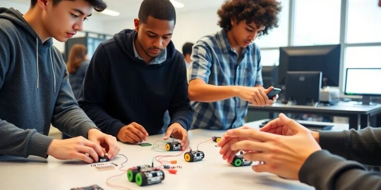 Students collaborating on innovative technology projects in a modern IIT lab.