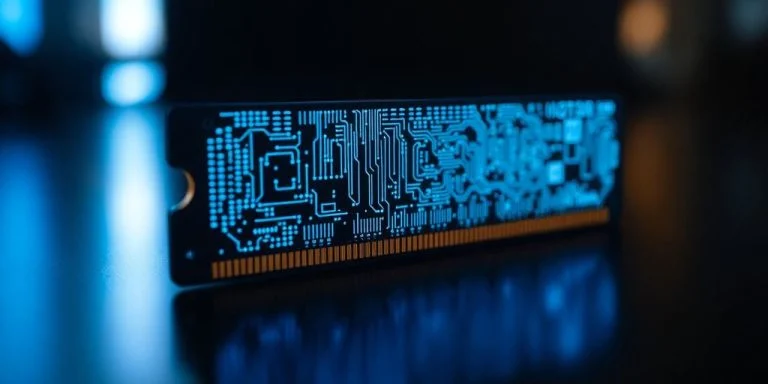 Microchip with glowing circuits.