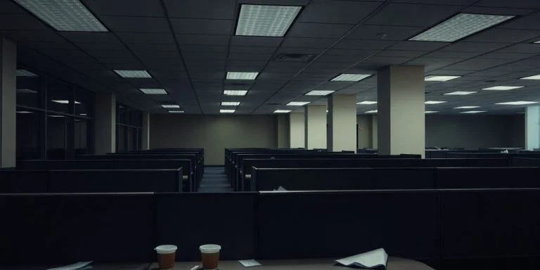 Empty office cubicles, dim lighting, scattered corporate items.