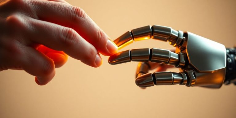 Human hand touching robot hand with warm light.