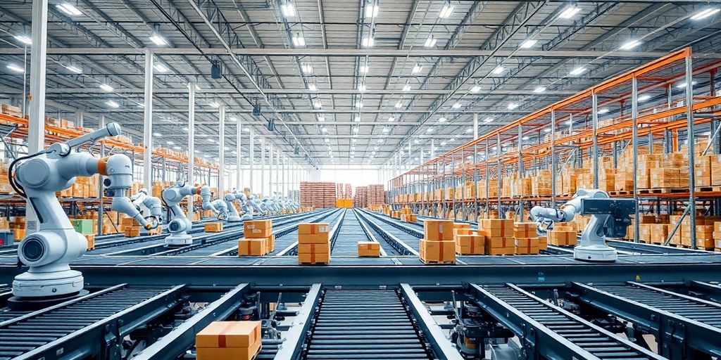 Automated warehouse with robotic arms, moving packages.