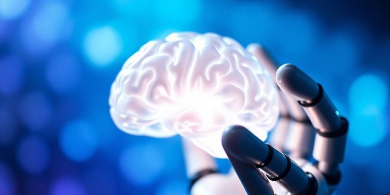 Robot hand holds glowing brain