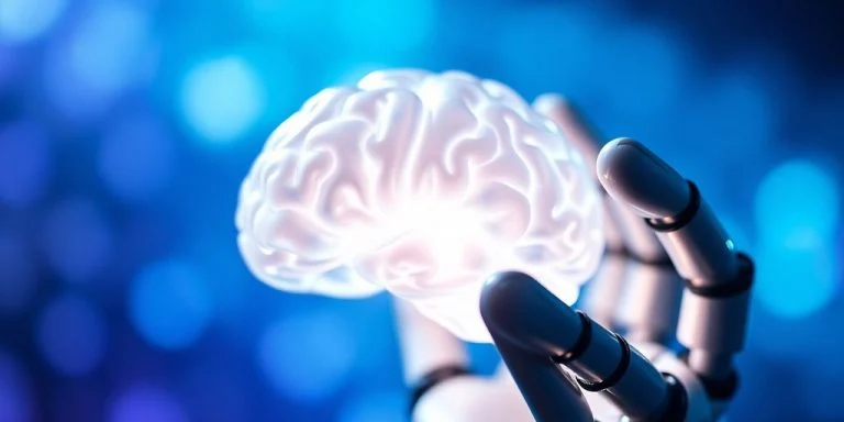 Robot hand holds glowing brain