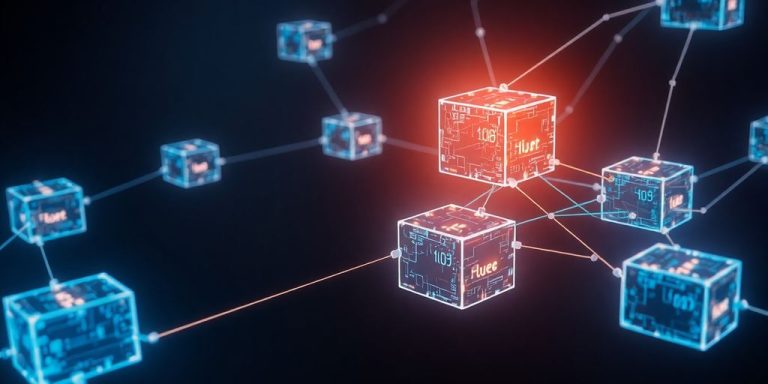 Interconnected glowing digital blocks in abstract space.