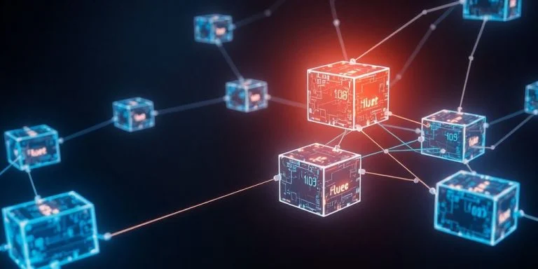Interconnected glowing digital blocks in abstract space.