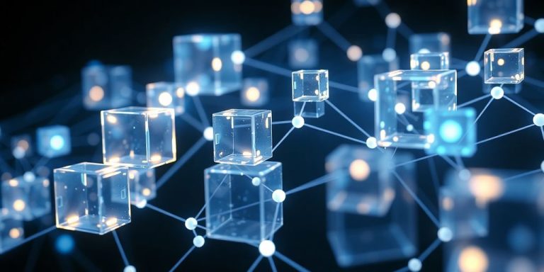 Interconnected glowing blocks forming a network.