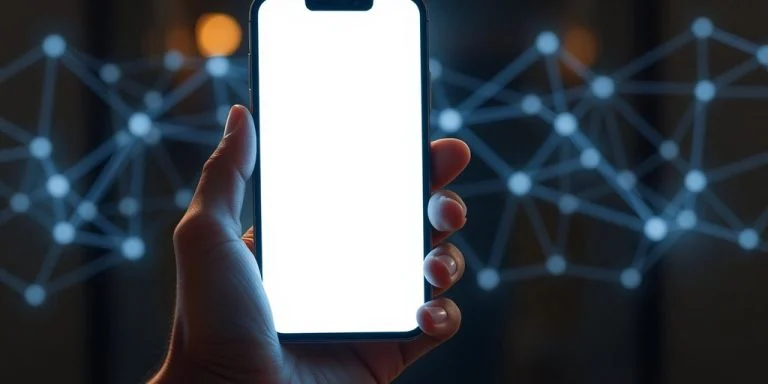 Glowing phone with blockchain connections, secure and innovative.