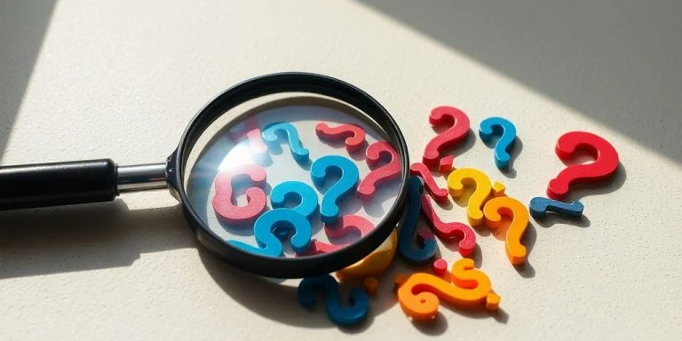 Magnifying glass over diverse question marks.