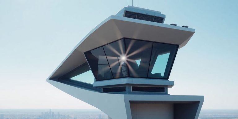 Modern air traffic control tower against skyline.