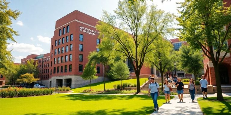 NJIT campus buildings, students walking, green spaces.