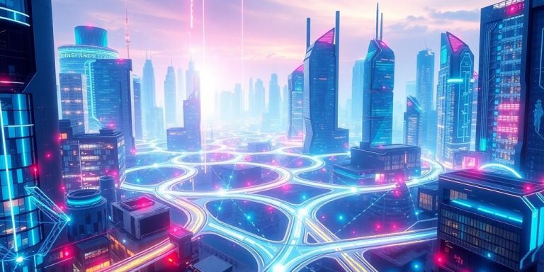 Futuristic city with intertwined technology.